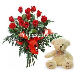 One Dozen Red Rose And Teddy Bear To Japan